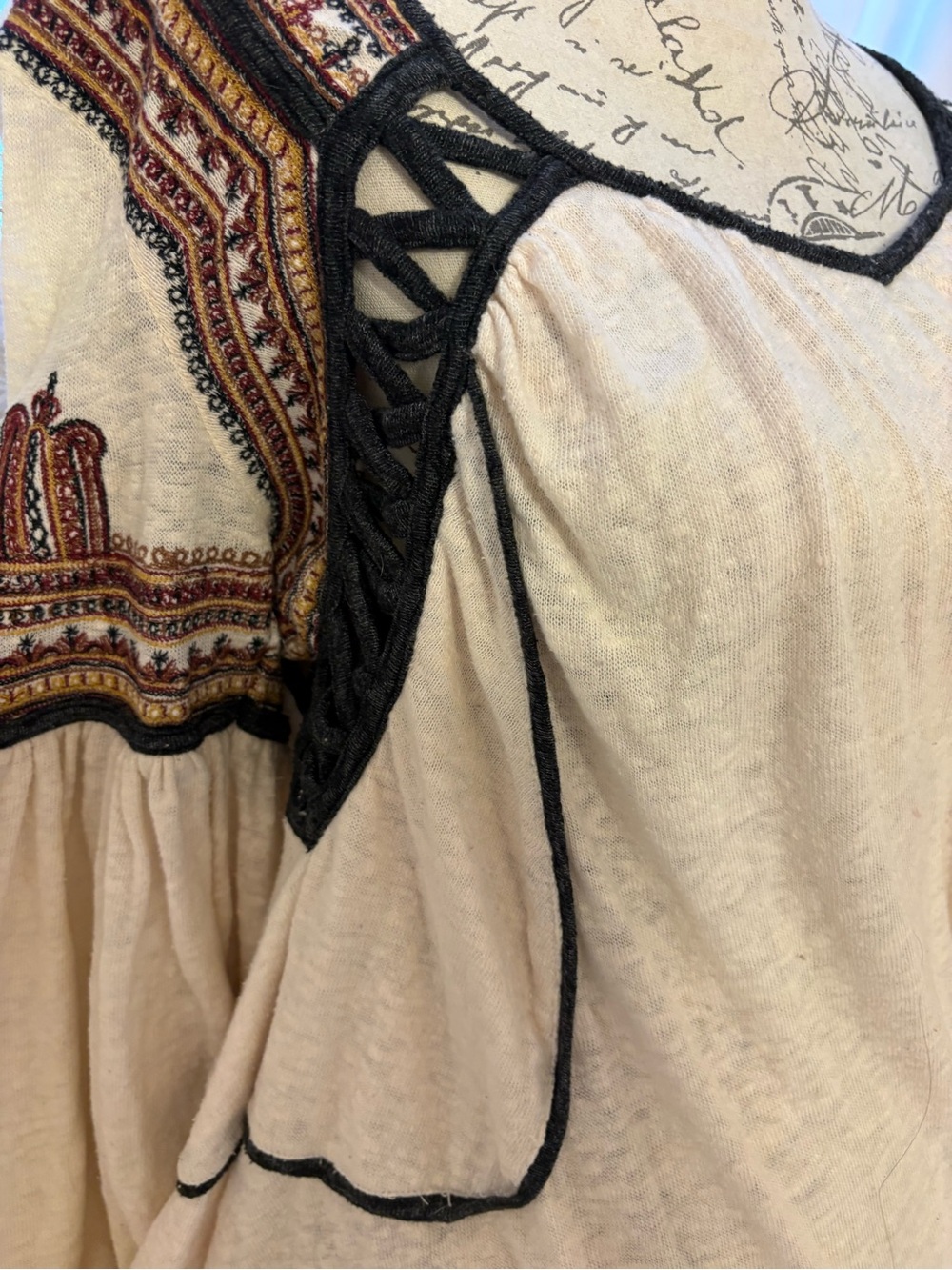 Y2K Free People Cream Peasant Tunic with Black Trim and Maroon Embroidery - Picture 9 of 11